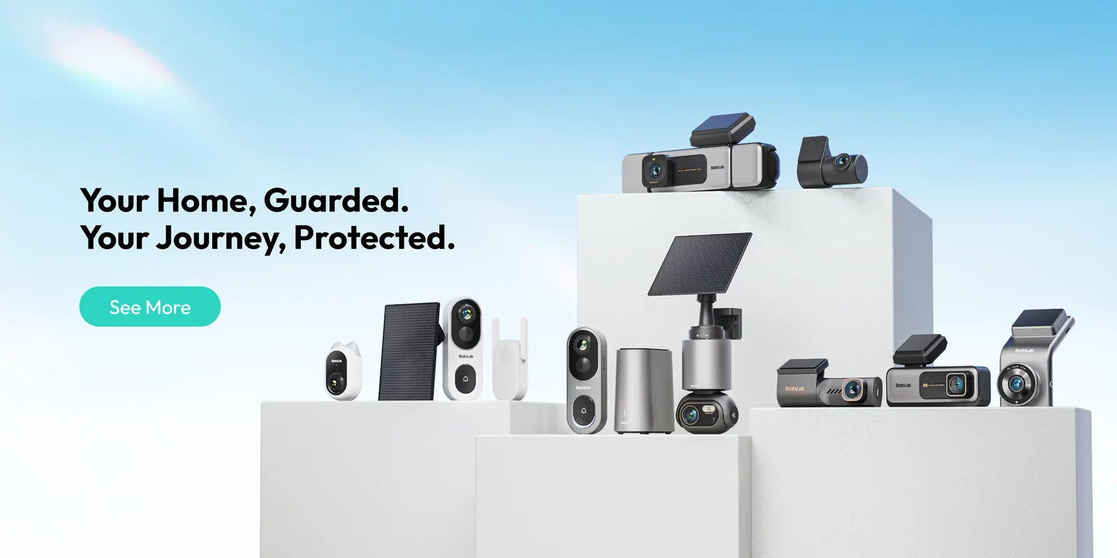 Botslab dash cams, video doorbells, and security cameras displayed together